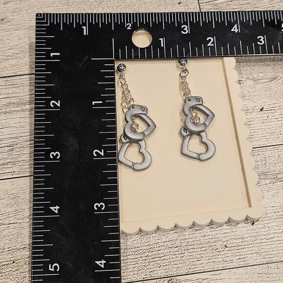 Silver Heart Handcuff Dangle Earrings Polymer Clay Handmade Bold - Picture 2 of 4